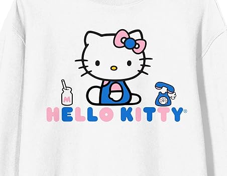 Hello Kitty Phone Graphic Crew Neck Long Sleeve White Fleece
